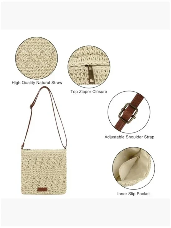 Handwoven Straw Crossbody Shoulder Bag Summer Beach Purse - Picture 3 of 6